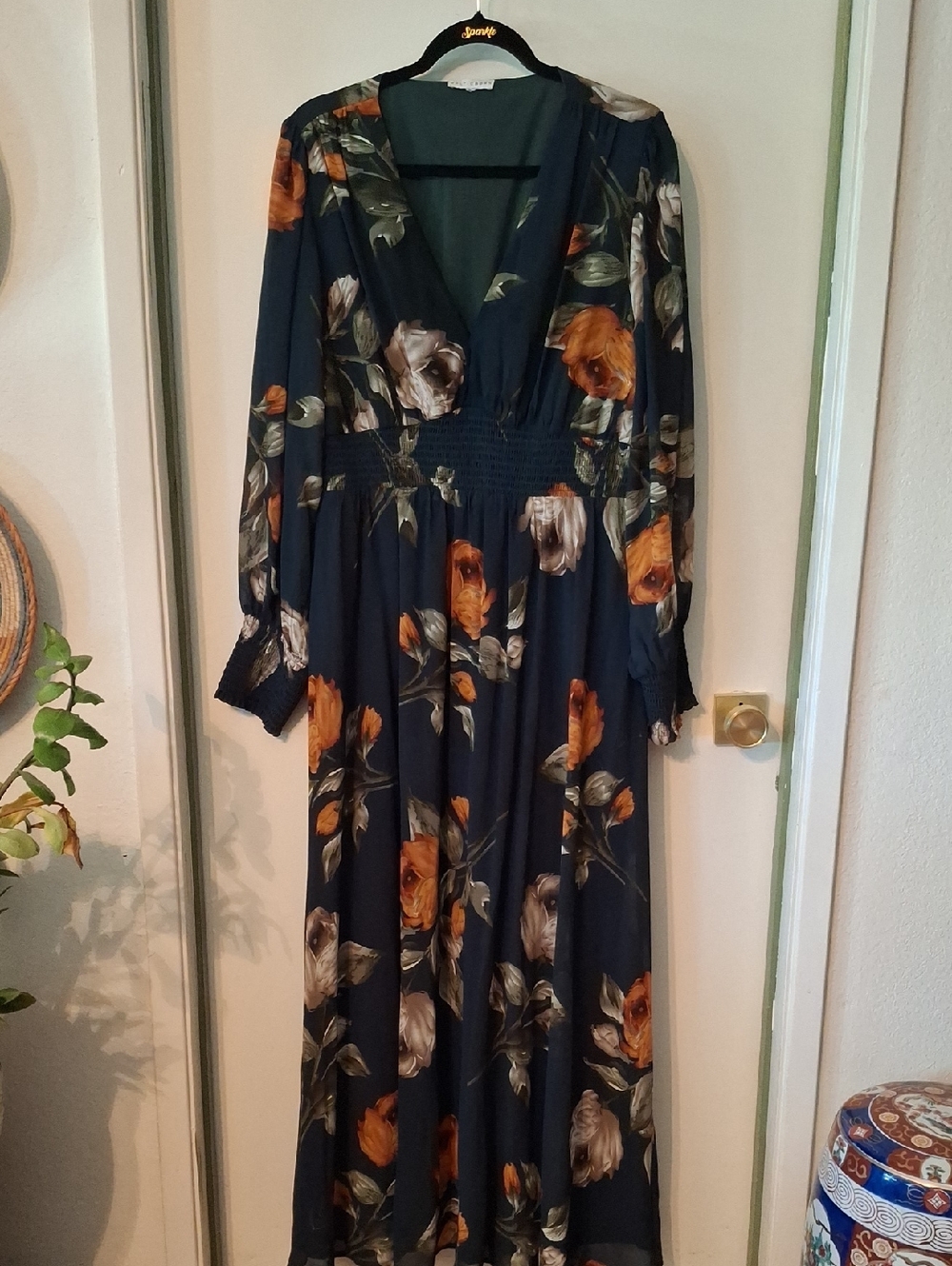 Floral V-Neck Maxi Dress in A Dark Emerald/teal with Orange And Cream  Blooms